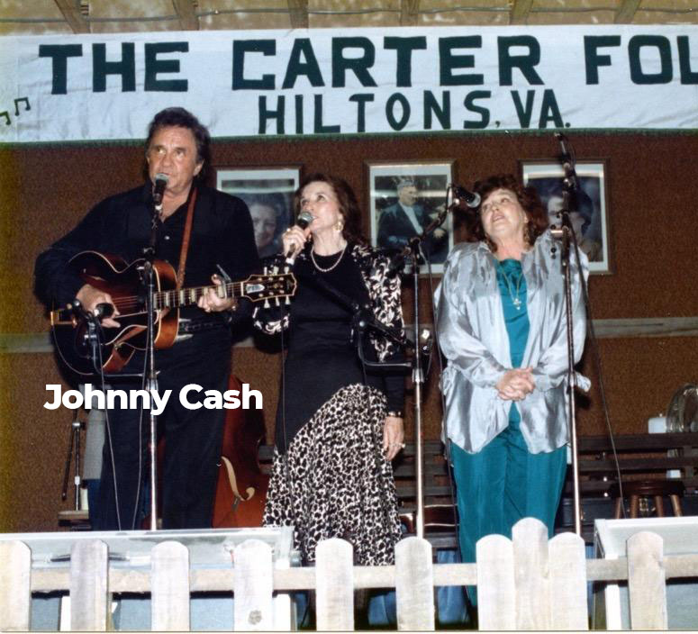 Country Musicians Johnny Cash, June Carter Cash, and Anita Carter performing at the Carter Family Fold in 1989